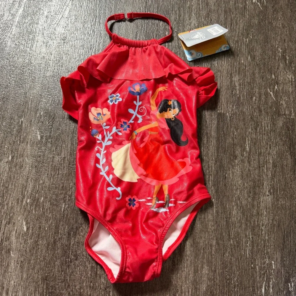 The Disney Store Swimsuit Girls 5/6 Red Elena of Avalor Ruffle UPF 50+ One Piece